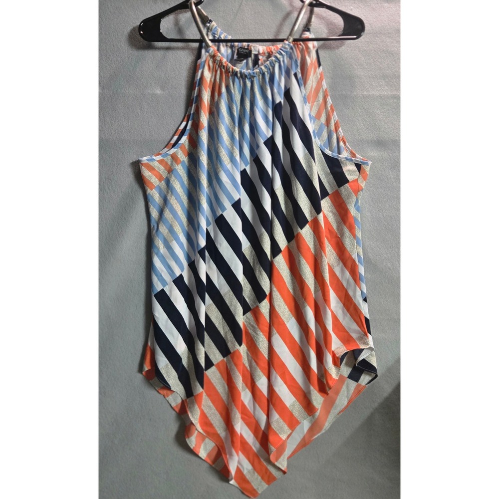 Alfani Woman 3X Halter Top Geometric Striped Handkerchief Hem Blouse Orange Blue